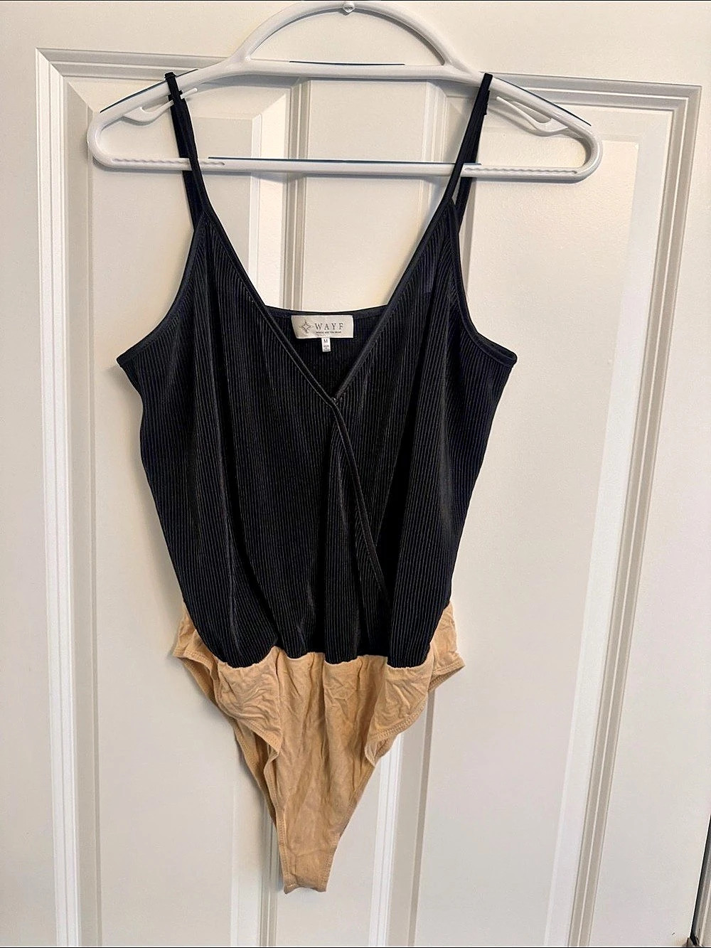 WAYF Pleated Wrap V-Neck Spaghetti Strap Bodysuit Black & Tan Medium